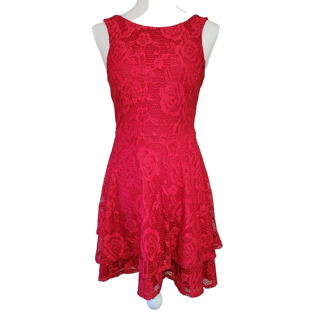 Juniors' Speechless Womens Lace Double-Skirt Red‎ Fit &Flare Dress Sleeveless